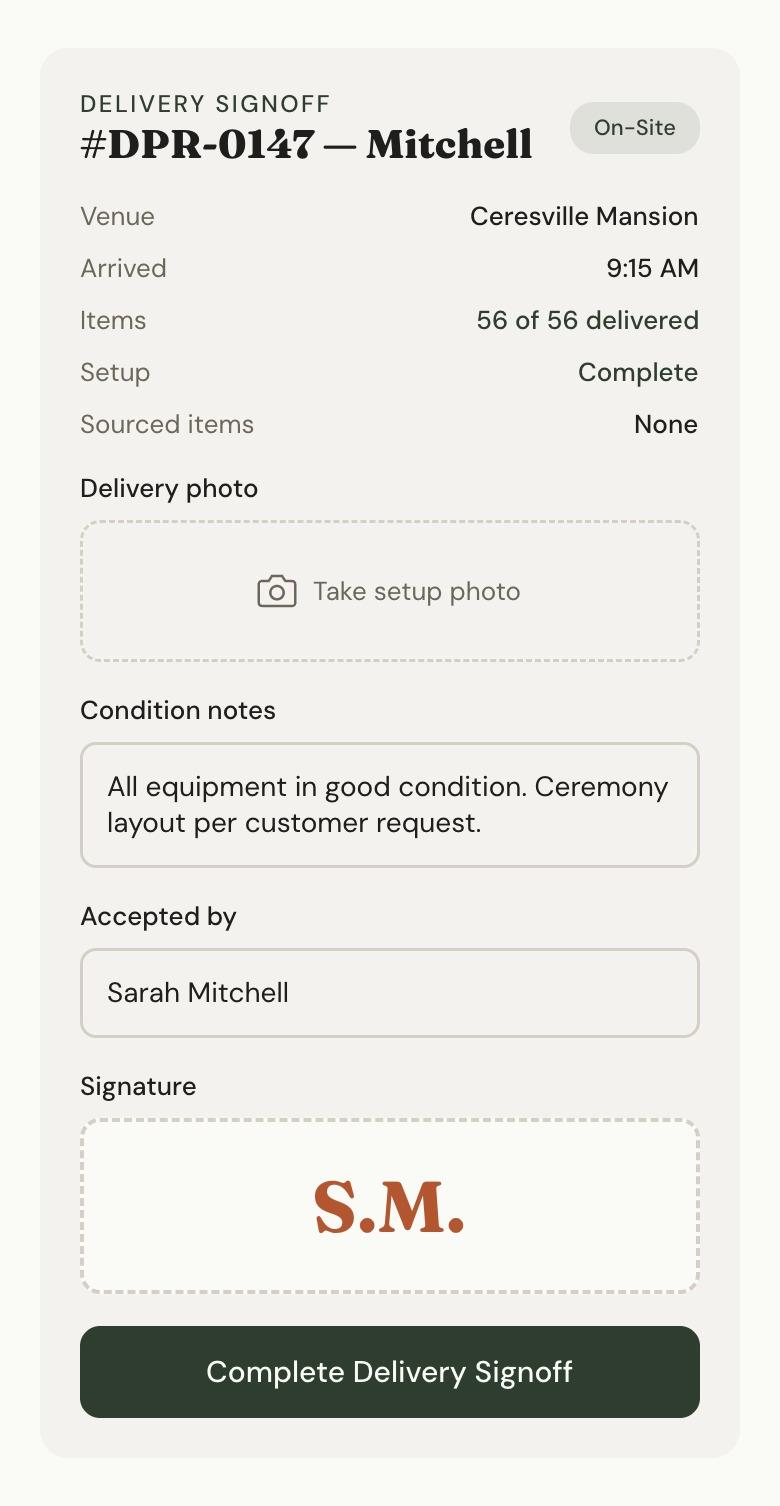 Mobile delivery signoff with delivered item count, setup photo, condition notes, recipient and signature