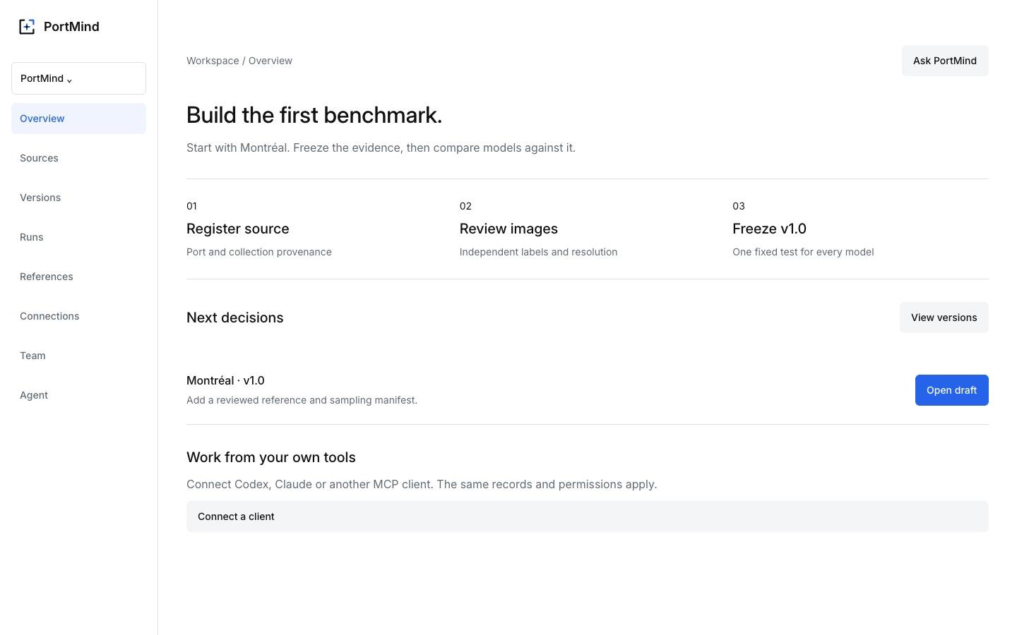 The workspace follows the preparation of a benchmark, with the next decision attached to its version.